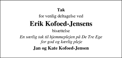 Dødsannoncen for Erik Kofoed-Jensens - ingen