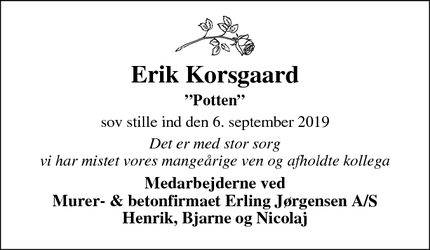 Dødsannoncen for Erik Korsgaard - Juelsminde