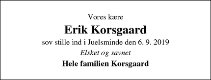 Dødsannoncen for Erik Korsgaard - Juelsminde