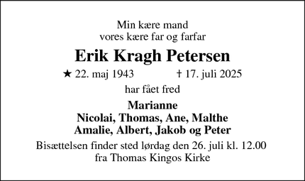 Dødsannoncen for Erik Kragh Petersen - Odense