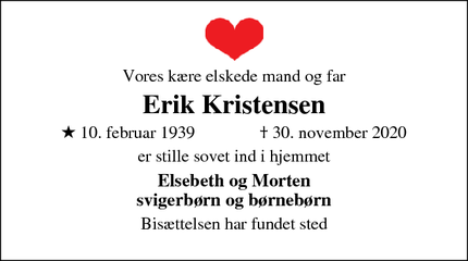 Dødsannoncen for Erik Kristensen - Ølstykke
