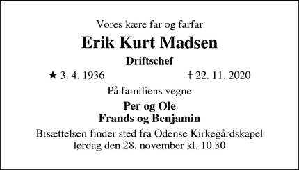 Dødsannoncen for Erik Kurt Madsen - Odense