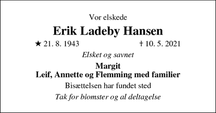 Dødsannoncen for Erik Ladeby Hansen - Ølsted