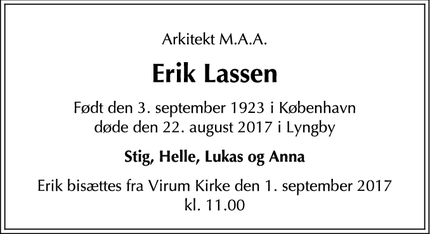 Dødsannoncen for Erik Lassen - Virum