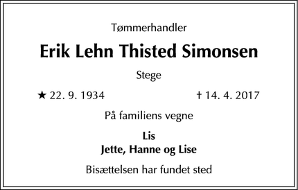 Dødsannoncen for Erik Lehn Thisted Simonsen - Stege