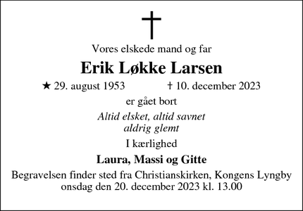 Dødsannoncen for Erik Løkke Larsen - København Ø