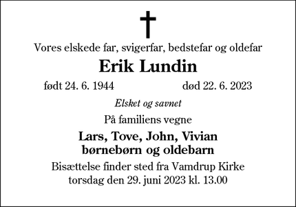Dødsannoncen for Erik Lundin - Lunderskov
