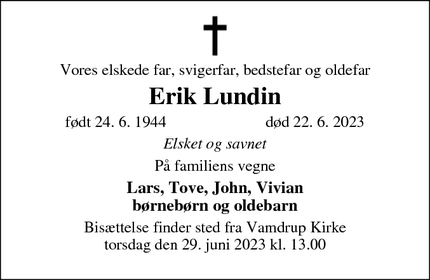Dødsannoncen for Erik Lundin - Lunderskov