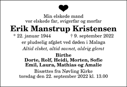 Dødsannoncen for Erik Manstrup Kristensen - Gistrup 
