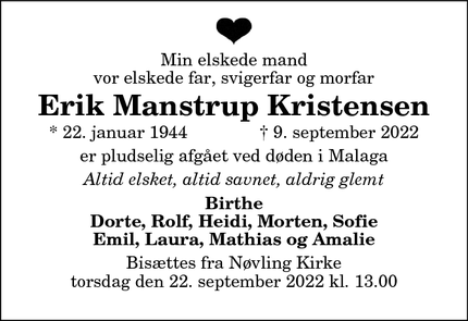Dødsannoncen for Erik Manstrup Kristensen - Gistrup 