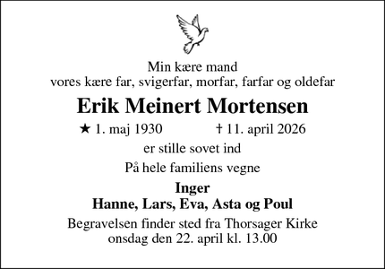 Dødsannoncen for Erik Meinert Mortensen - Thorsager 8410 Rønde