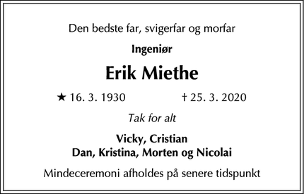 Dødsannoncen for Erik Miethe - Hørsholm