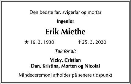 Dødsannoncen for Erik Miethe - Hørsholm