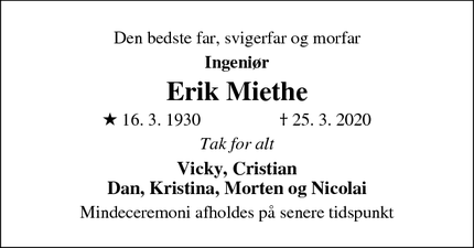 Dødsannoncen for Erik Miethe - Hørsholm