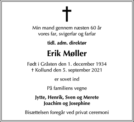 Dødsannoncen for Erik Møller - Kollund