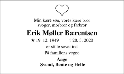 Dødsannoncen for Erik Møller Bærentsen - 6093 Sjølund