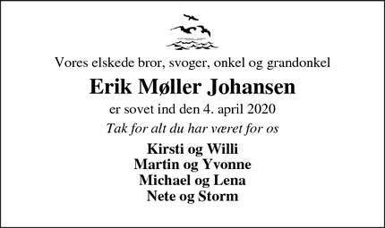 Dødsannoncen for Erik Møller Johansen - Kollund