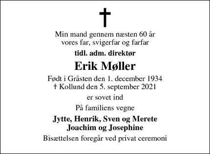 Dødsannoncen for Erik Møller - Kollund