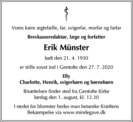 Dødsannoncen for Erik Münster - Gentofte