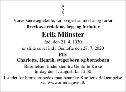 Dødsannoncen for Erik Münster - Gentofte
