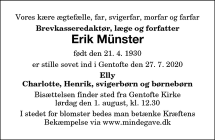 Dødsannoncen for Erik Münster - Gentofte