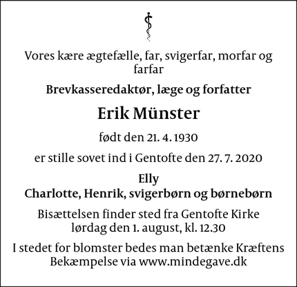 Dødsannoncen for Erik Münster - Gentofte