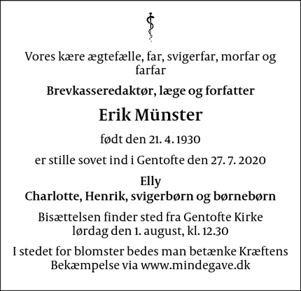 Dødsannoncen for Erik Münster - Gentofte