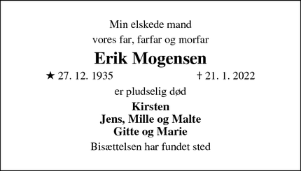 Dødsannoncen for Erik Mogensen - Frederiksberg