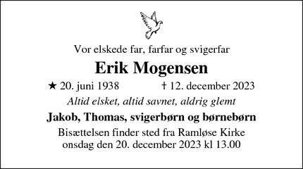 Dødsannoncen for Erik Mogensen - Helsinge