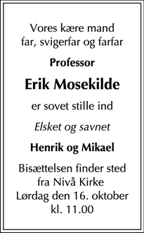 Dødsannoncen for Erik Mosekilde - Frederiksberg