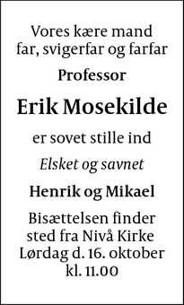 Dødsannoncen for Erik Mosekilde - Frederiksberg