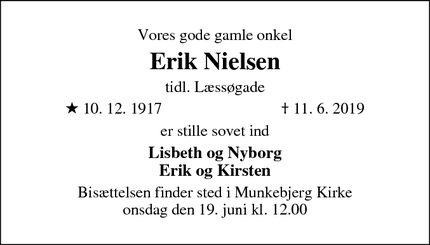 Dødsannoncen for Erik Nielsen - Odense