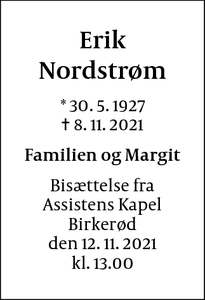 Dødsannoncen for Erik Nordstrøm - Birkerød