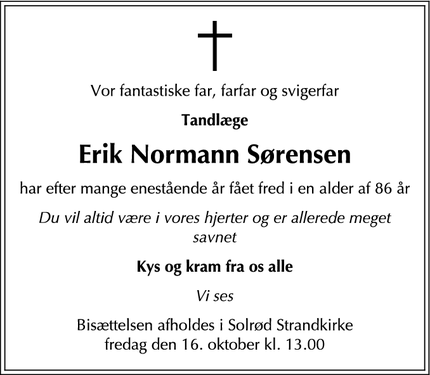 Dødsannoncen for Erik Normann Sørensen - Solrød Strand