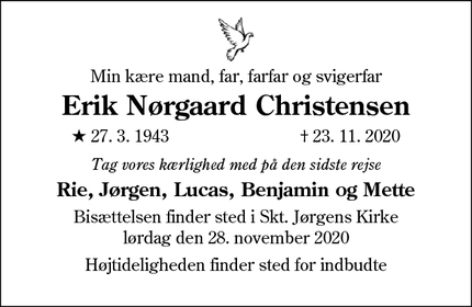 Dødsannoncen for Erik Nørgaard Christensen - Aabenraa