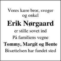 Dødsannoncen for Erik Nørgaard - Nørre Aaby