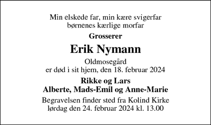 Dødsannoncen for Erik Nymann - Kolind