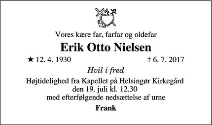 Dødsannoncen for Erik Otto Nielsen - Helsingør