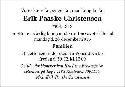 Dødsannoncen for Erik Paaske Christensen - Vonsild
