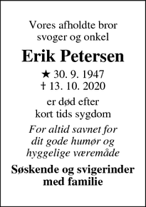 Dødsannoncen for Erik Petersen - Aabenrå