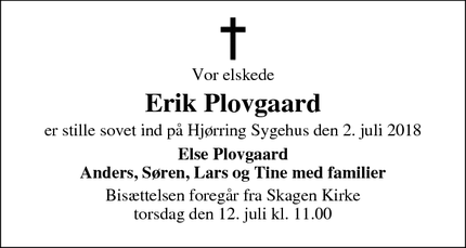 Dødsannoncen for Erik Plovgaard - Assens