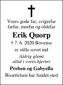 Dødsannoncen for Erik Quorp - Nyborg