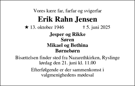 Dødsannoncen for Erik Rahn Jensen - Ryslinge