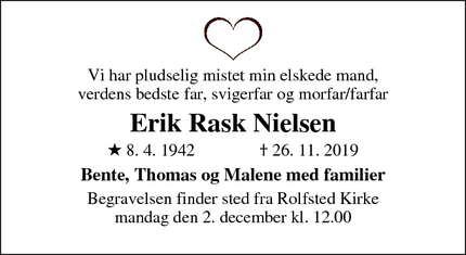 Dødsannoncen for Erik Rask Nielsen - Ferritslev