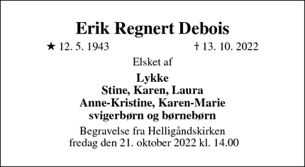Dødsannoncen for Erik Regnert Debois - Faaborg