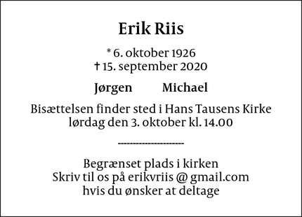 Dødsannoncen for Erik Riis - København