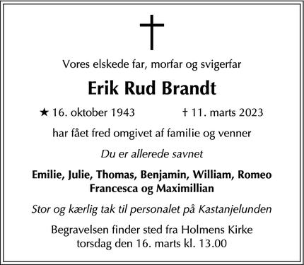 Dødsannoncen for Erik Rud Brandt - københavn 