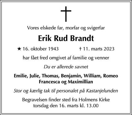Dødsannoncen for Erik Rud Brandt - københavn