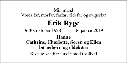 Dødsannoncen for Erik Ryge - Slagelse
