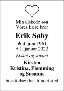 Dødsannoncen for Erik Søby - Skanderborg